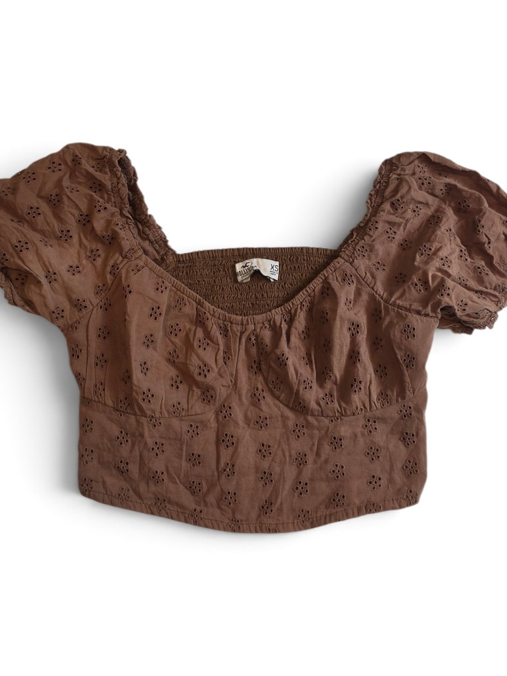 Hollister Brown Eyelet Puff-Sleeve Cropped Top